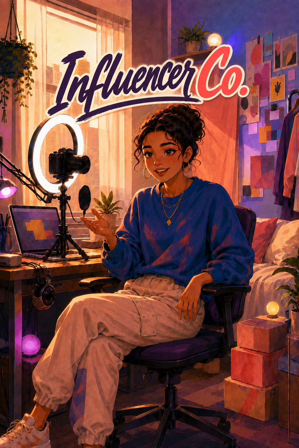 An illustrated creator recording a video in a colorful home studio