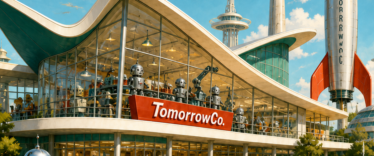 An illustrated mid-century vision of TomorrowCo. Headquarters